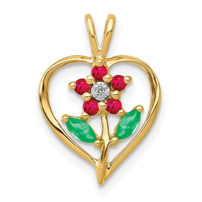 14k Yellow Gold Siam Ruby/Emerald/Diamond Flower in Heart Pendant
