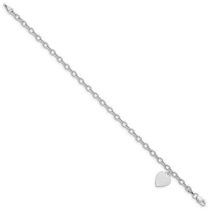 14k White Gold 14x10mm Solid Dangle Heart Charm and Hollow Chain Bracelet 7.5"
