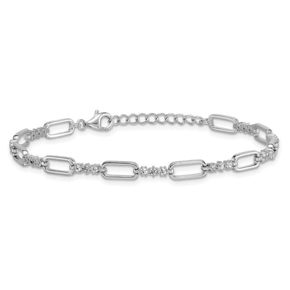 Sterling Silver Rhodium-plated  CZ and Paperclip Link 7" with 1" Ext Bracelet