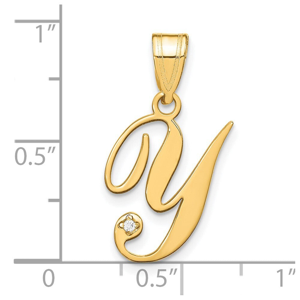 14k Yellow Gold Script Letter Y Initial Pendant with Diamond for Women