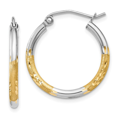 14k Yellow Gold w/White Rhodium 2mm Satin and Polished Diamond-cut Hoop Earrings