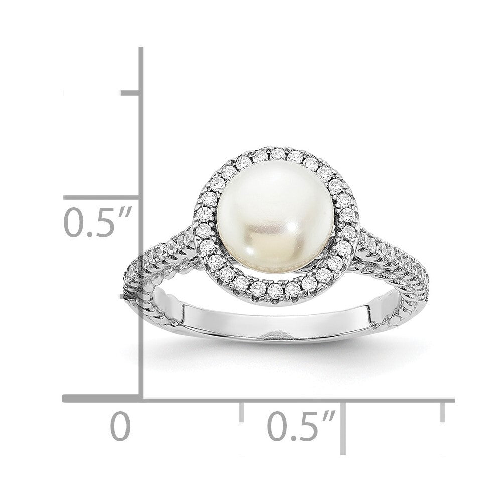 Sterling Silver 7-8mm Button White Freshwater Cultured Pearl and CZ Ring Size 8