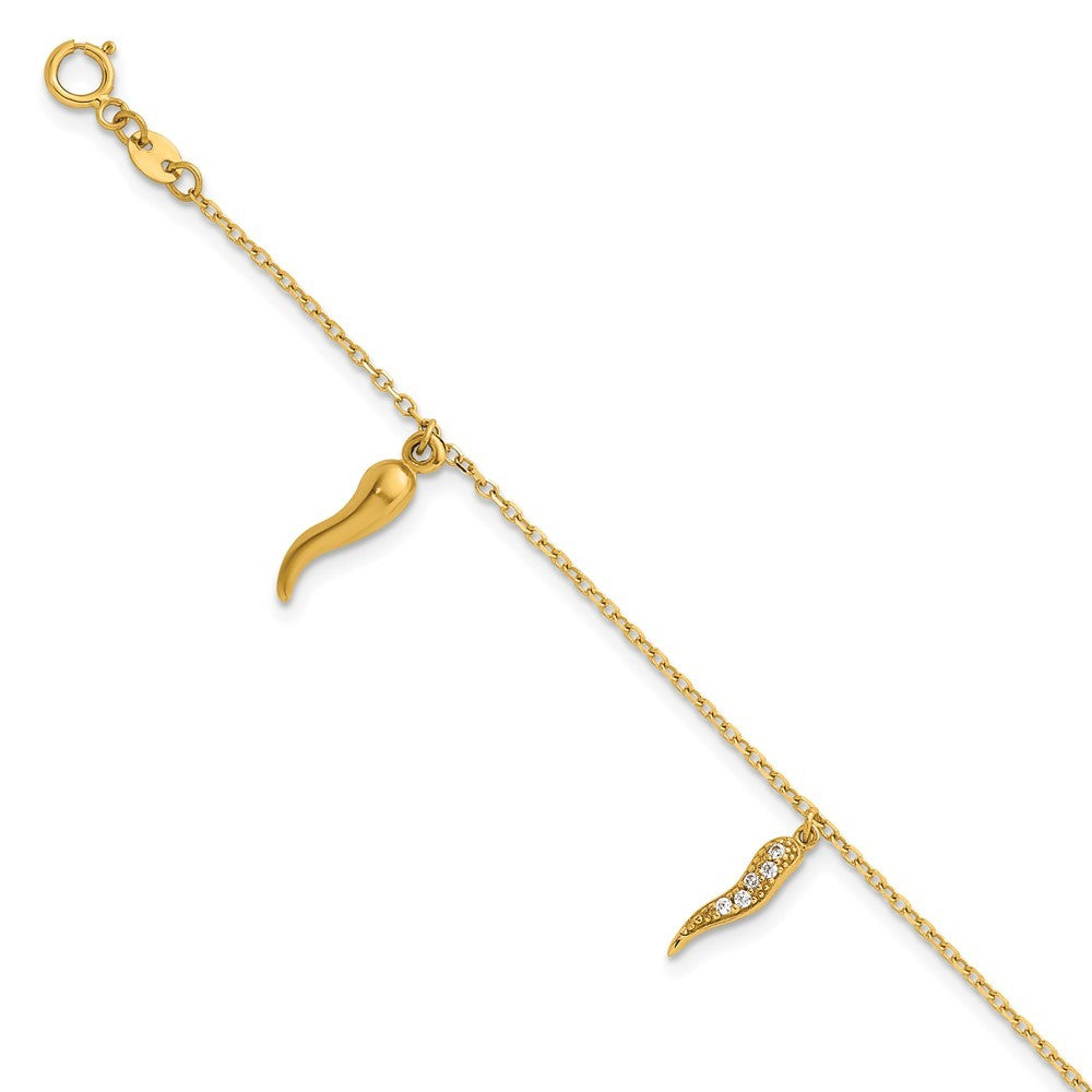 14k Yellow Gold CZ Three Italian Horn Dangles 5.75" Bracelet Plus 0.75" Extender