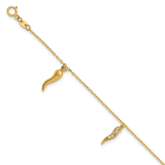 14k Yellow Gold CZ Three Italian Horn Dangles 5.75" Bracelet Plus 0.75" Extender