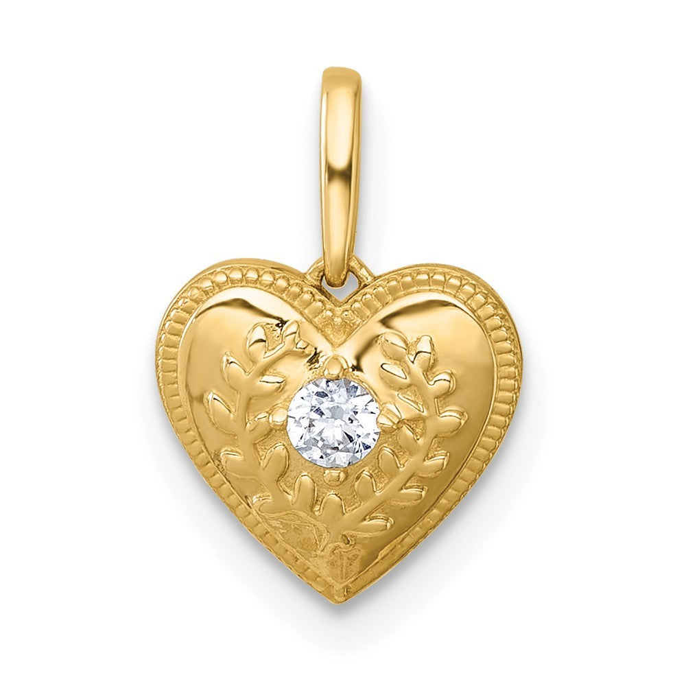 14k Yellow Gold Polished and Textured CZ Floral Heart Charm / Pendant