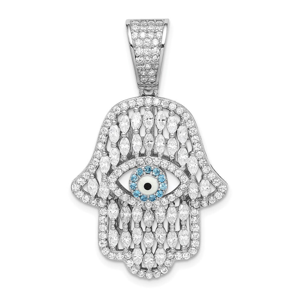 Sterling Silver Rhodium-plated White & Blue Cubic Zirconia Hamsa Eye Pendant