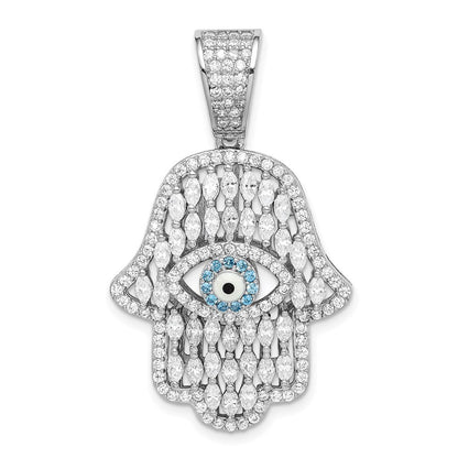 Sterling Silver Rhodium-plated White & Blue Cubic Zirconia Hamsa Eye Pendant
