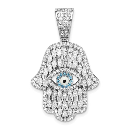 Sterling Silver Rhodium-plated White & Blue Cubic Zirconia Hamsa Eye Pendant