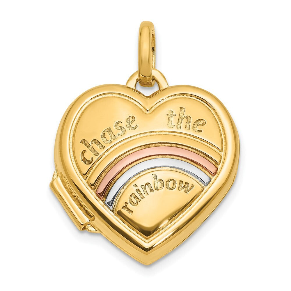 14k Yellow Gold Rose White Rhodium 15mm CHASE THE RAINBOW Heart Locket Pendant