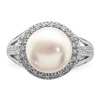 Sterling Silver 10-11mm White Button Freshwater Cultured Pearl and CZ Ring
