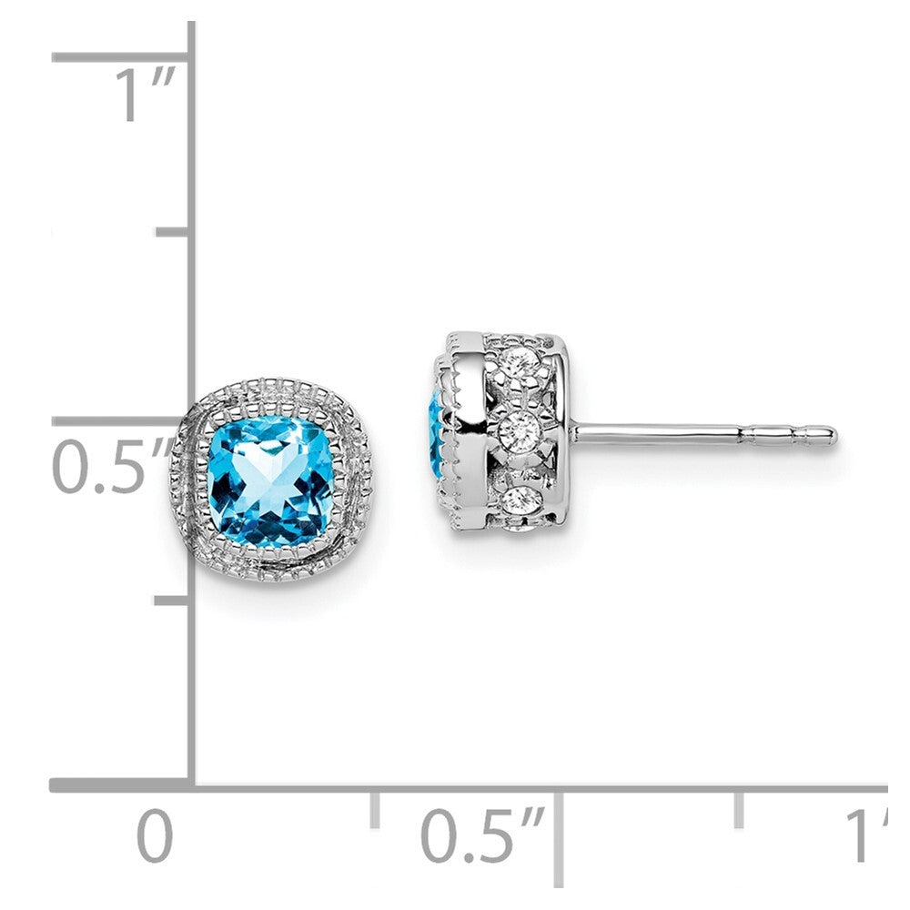 14k White Gold Cushion Blue Topaz and Diamond Stud Earrings