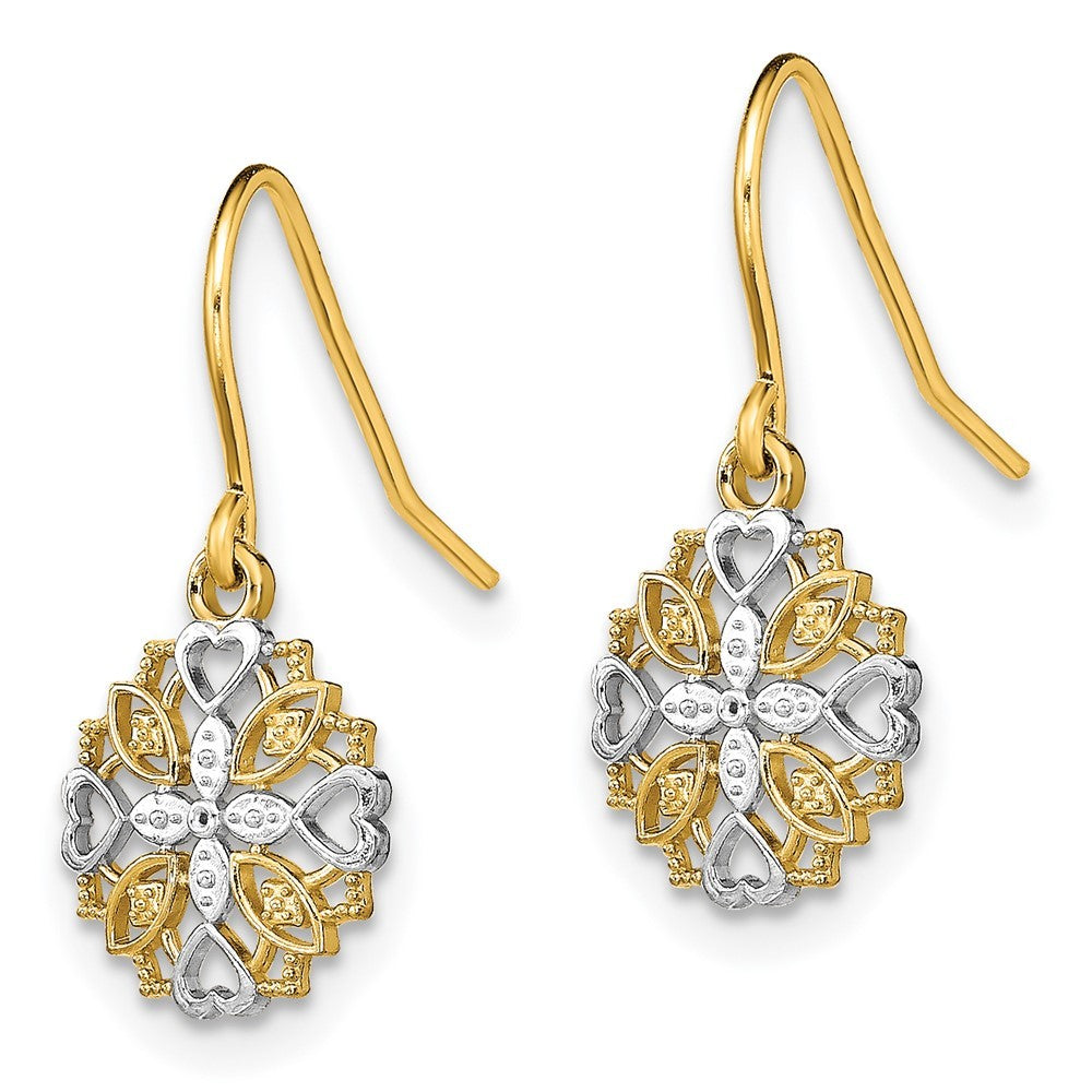 14k Yellow Gold and Rhodium Fancy Dangle Wire Earrings