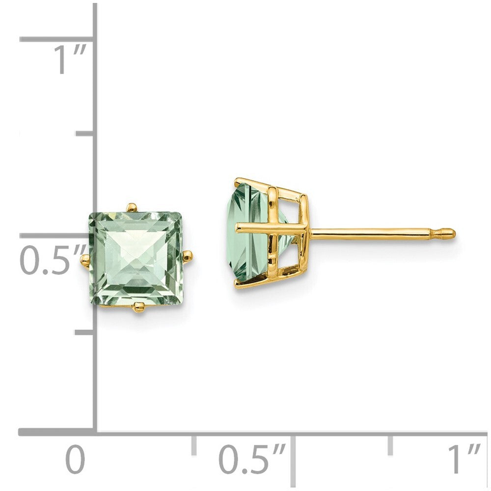 14k Yellow Gold 6mm Square Checker-Cut Green Quartz Stud Earrings
