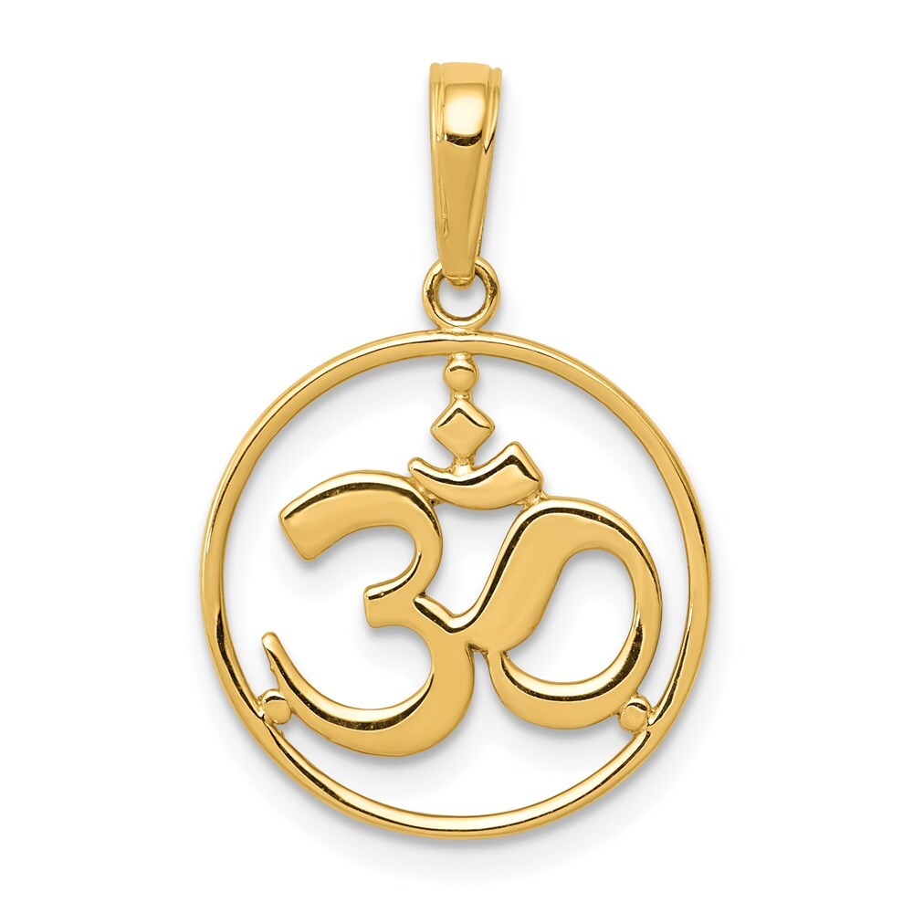 14k Yellow Gold Cut-out Round Frame Yoga Om Symbol Pendant for Women