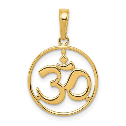 14k Yellow Gold Cut-out Round Frame Yoga Om Symbol Pendant for Women