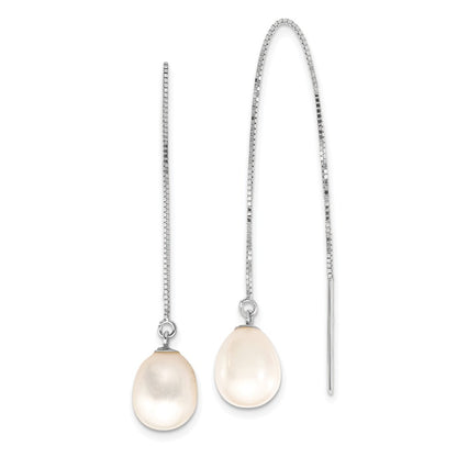 14k White Gold 6-8mm White Teardrop Freshwater Cultured Pearl Threader Earrings