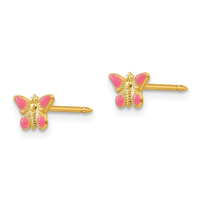 14k Yellow Gold Epoxy Fill Pink Butterfly Stud Earrings Gift for Women