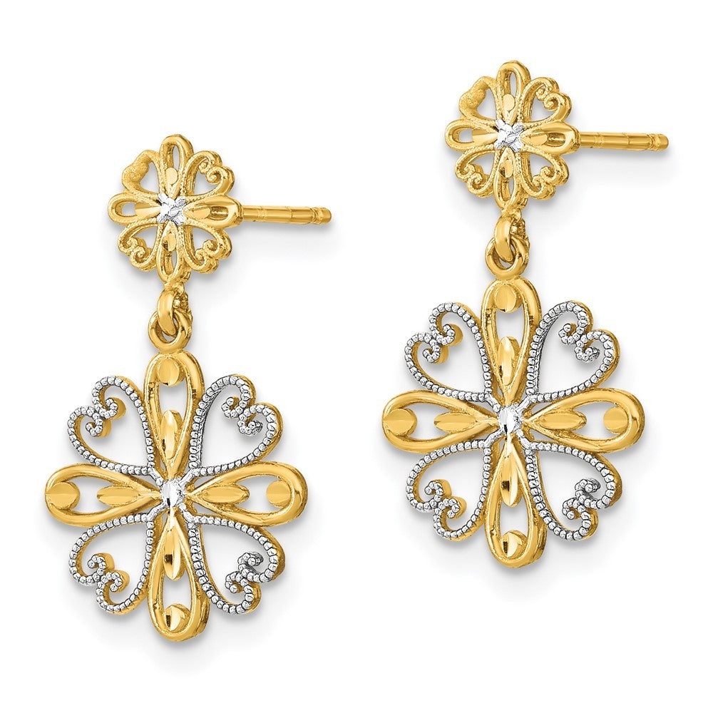 14k Yellow Gold w/Rhodium Beaded Heart Petal Floral Dangle Earrings