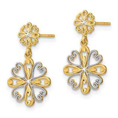 14k Yellow Gold w/Rhodium Beaded Heart Petal Floral Dangle Earrings