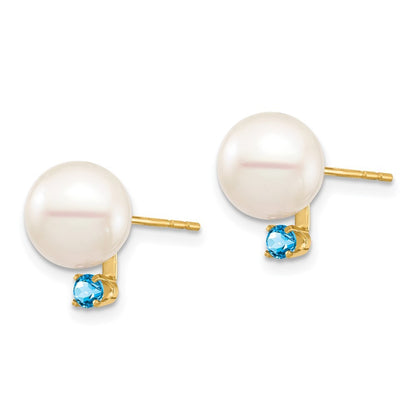 14k Yellow Gold 8-8.5mm Freshwater Cultured Pearl & Swiss Blue Topaz Earrings