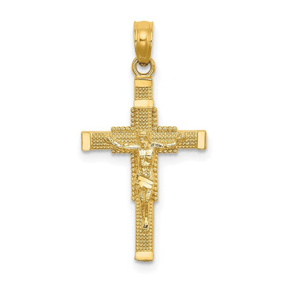 14k Yellow Gold Beaded Accent w/ Cross Behind Crucifix Charm