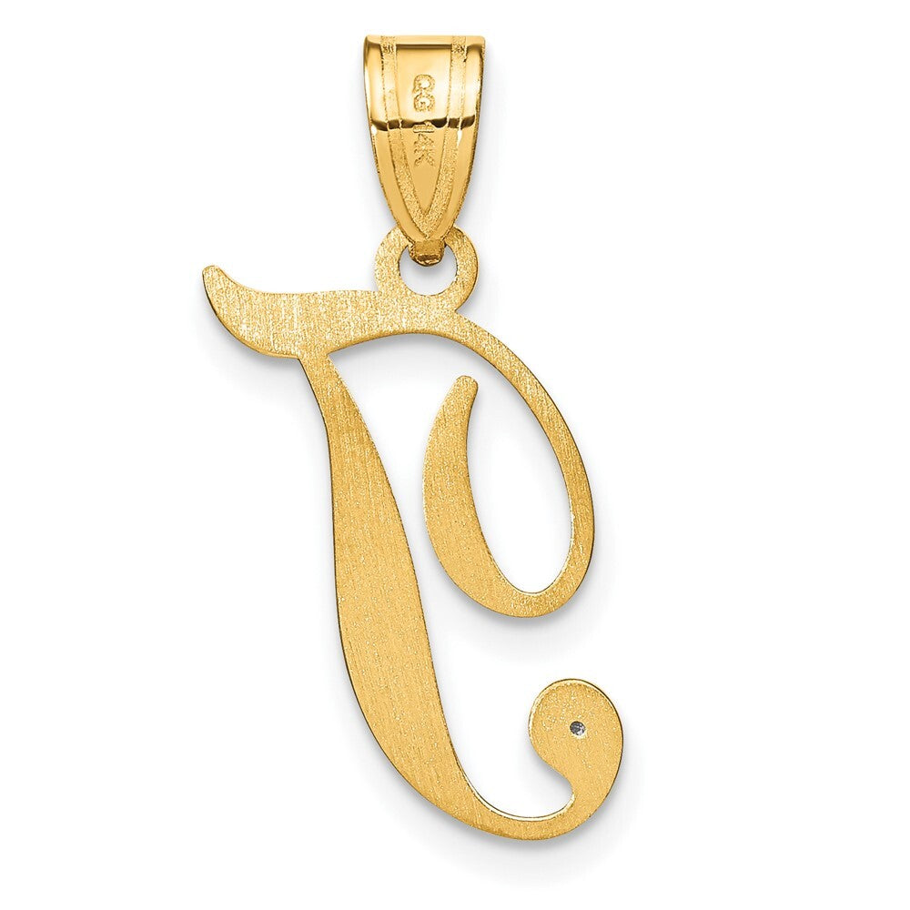 14k Yellow Gold Script Letter T Initial Pendant with Diamond for Women