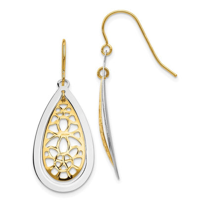 14k Two-tone Diamond Cut Polished Fancy Dangle Earrings