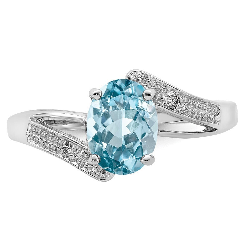Sterling Silver Rhodium Light Swiss Blue Topaz & Diamond Ring Size 7
