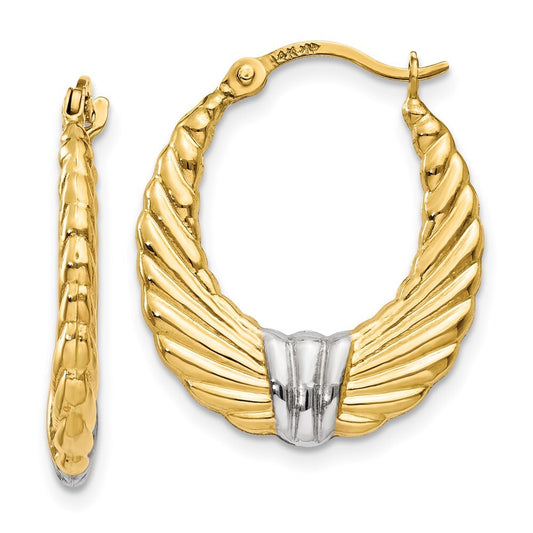 14k Yellow Gold & Rhodium Polished and Textured Hoop Earrings Gift for Women