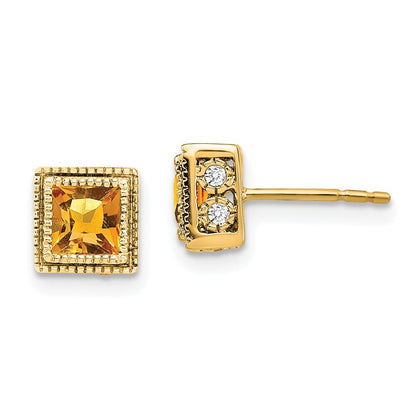 14k Yellow Gold Square Citrine and Diamond Stud Earrings