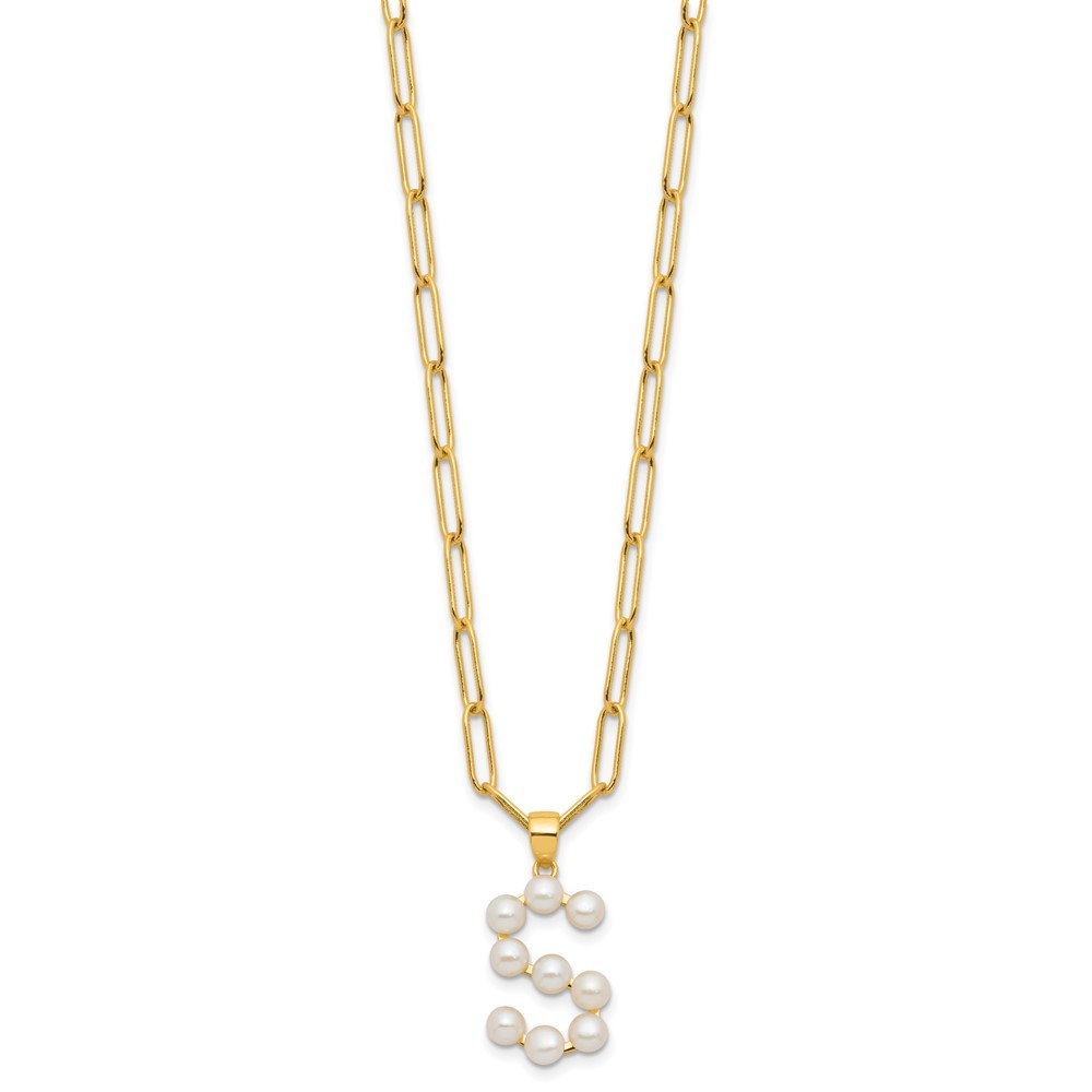 Sterling Silver 3-5.5mm White Button Cultured Pearl LETTER S Necklace 18"