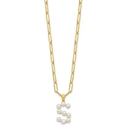 Sterling Silver 3-5.5mm White Button Cultured Pearl LETTER S Necklace 18"
