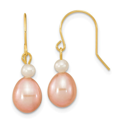 14k Yellow Gold 7-8mm Pink Rice White Freshwater Cultured Pearl Dangle Earrings
