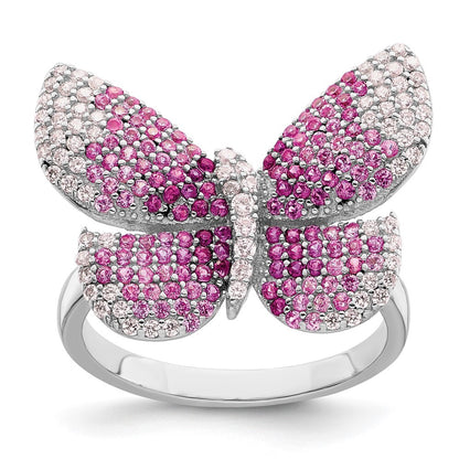 Sterling Silver Rhodium-plated Polished Pink CZ Butterfly Ring Size 6