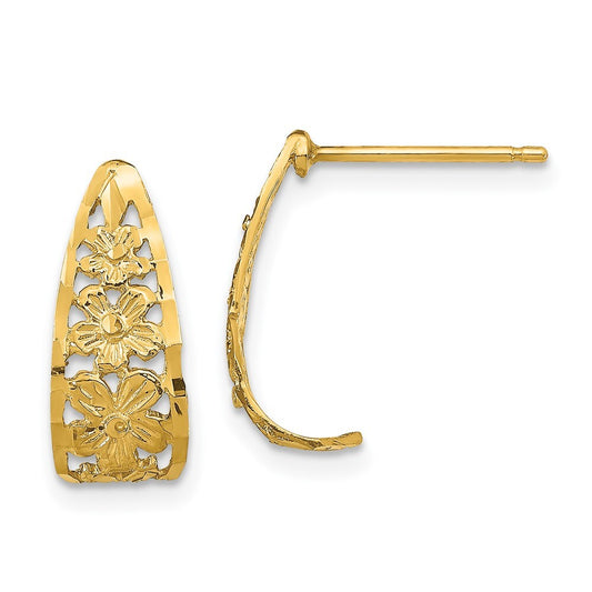 14k Yellow Gold Diamond-Cut Flower J-Hoop Earrings Gift for Women