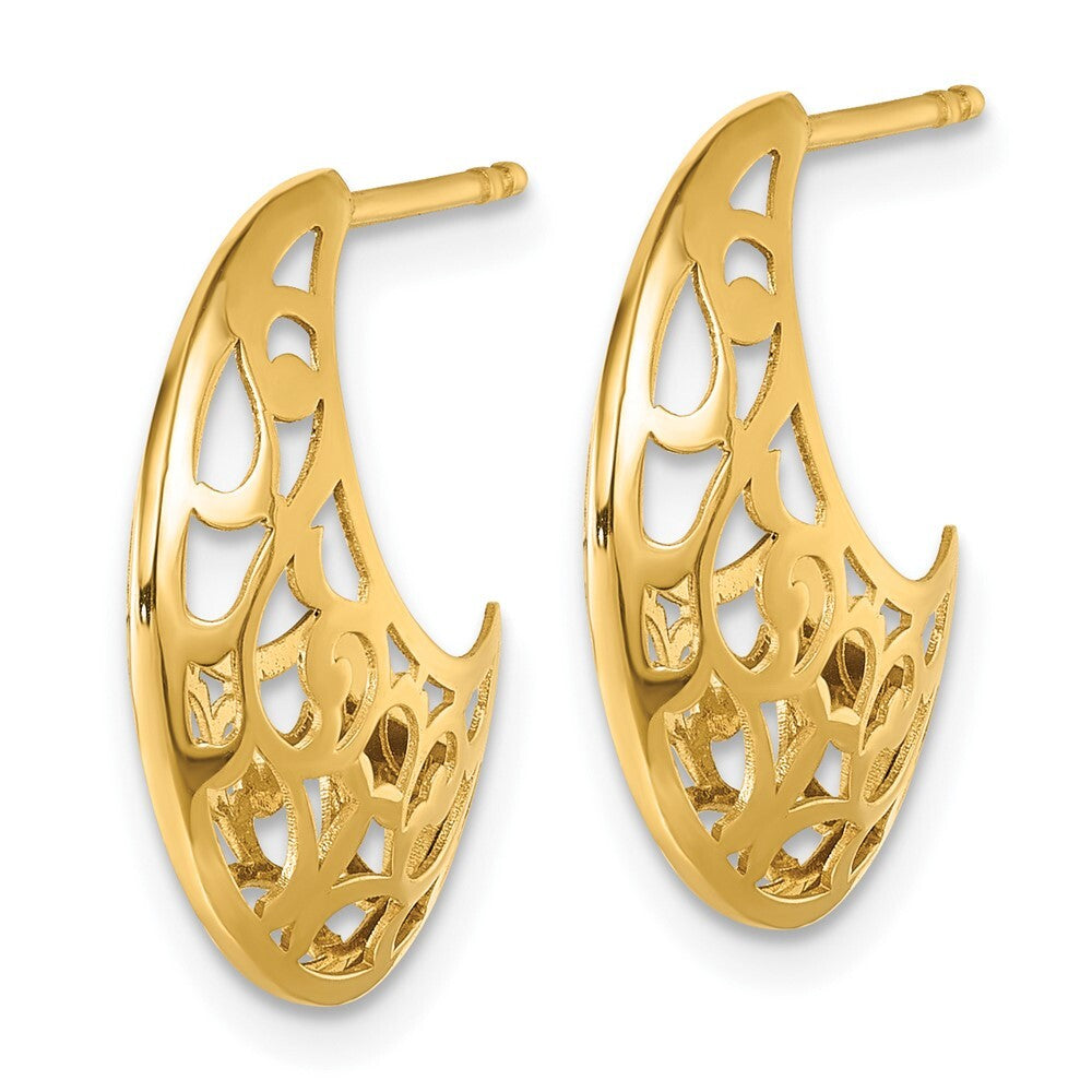 14k Yellow Gold Polished Fancy Cut Out Design J-Hoop Earrings Gift for Women