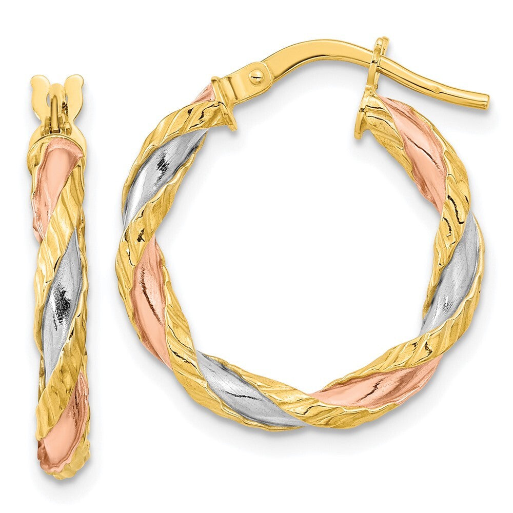 14k Yellow Gold with Rose & White Rhodium Textured Twisted Hoop Earrings