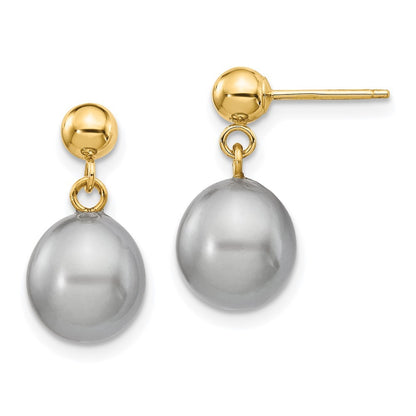 14k Yellow Gold 8-9mm Grey Rice Freshwater Cultured Pearl Dangle Earrings