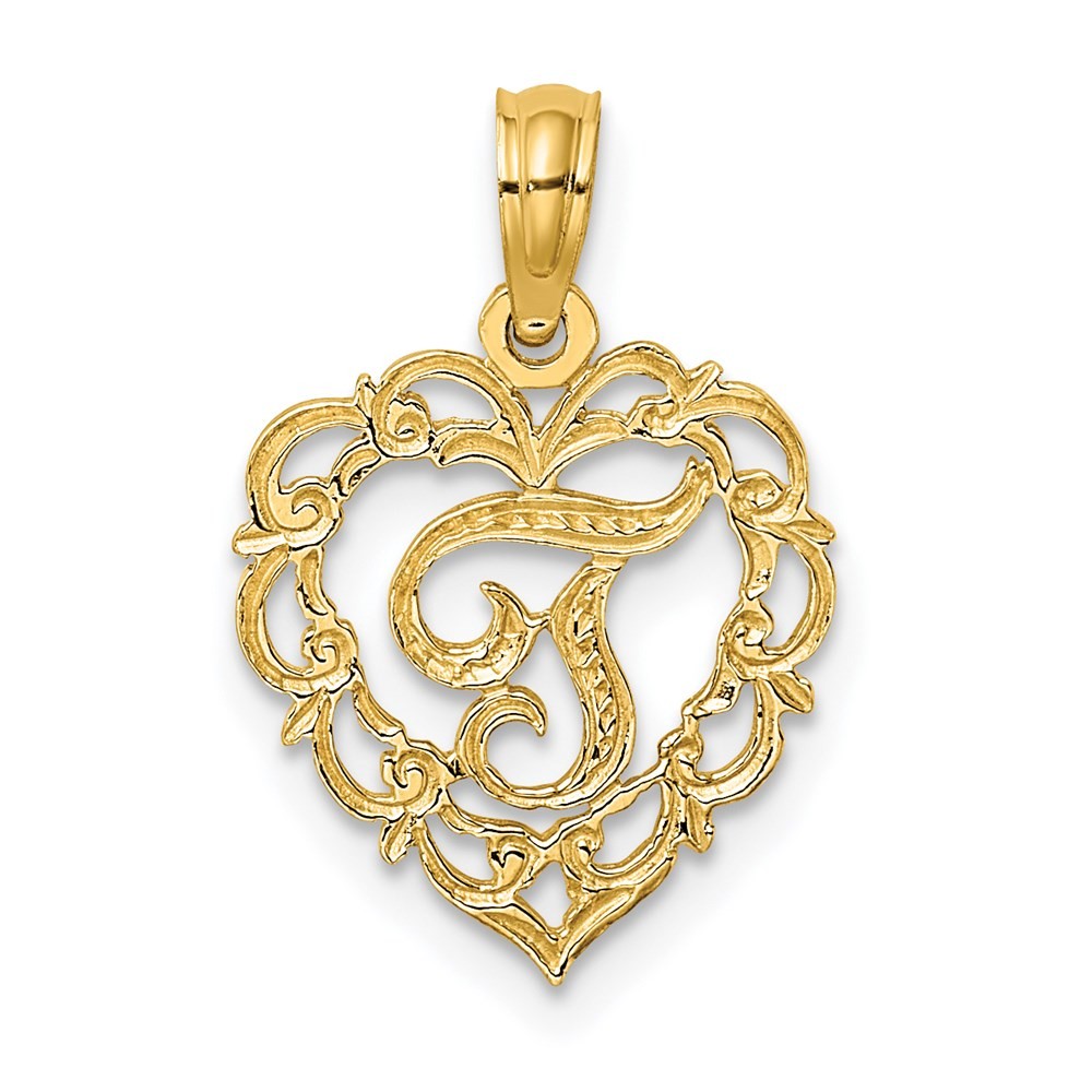 14k Yellow Gold Heart Script Letter T Initial Charm