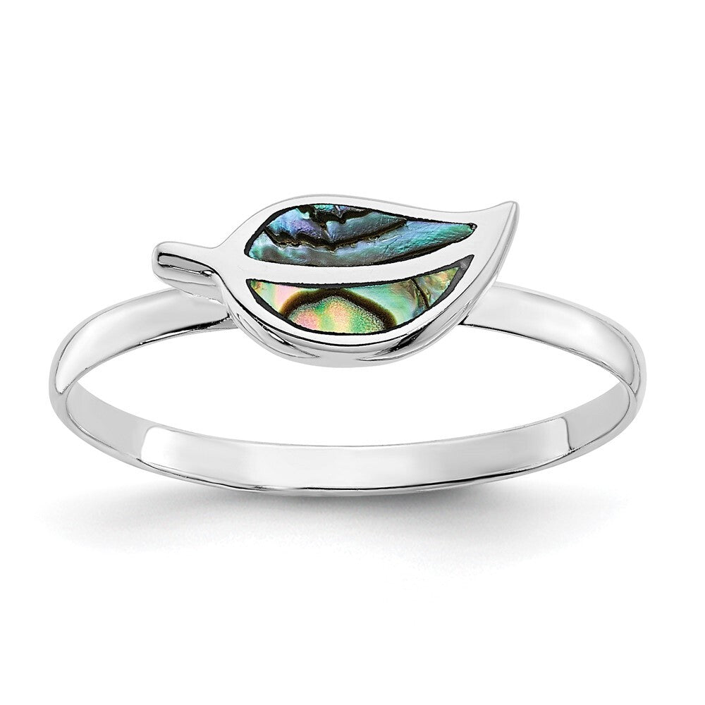 Sterling Silver RH-plated Abalone Leaf Ring Size 8