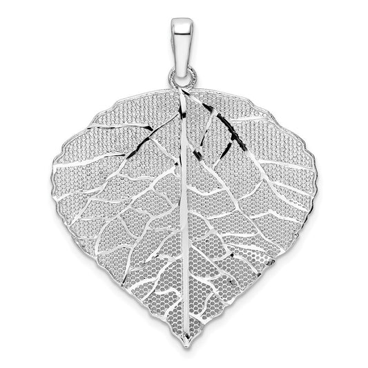 Sterling Silver Rhodium-plated Polished & Diamond-cut Lrg Leaf Pendant