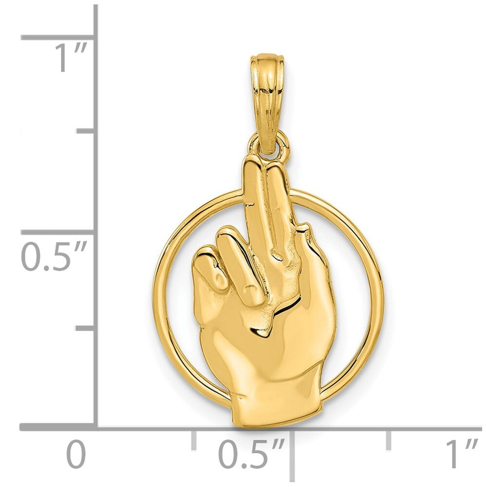 14k Yellow Gold Polished Hand Gesture in Circle Charm Pendant for Women