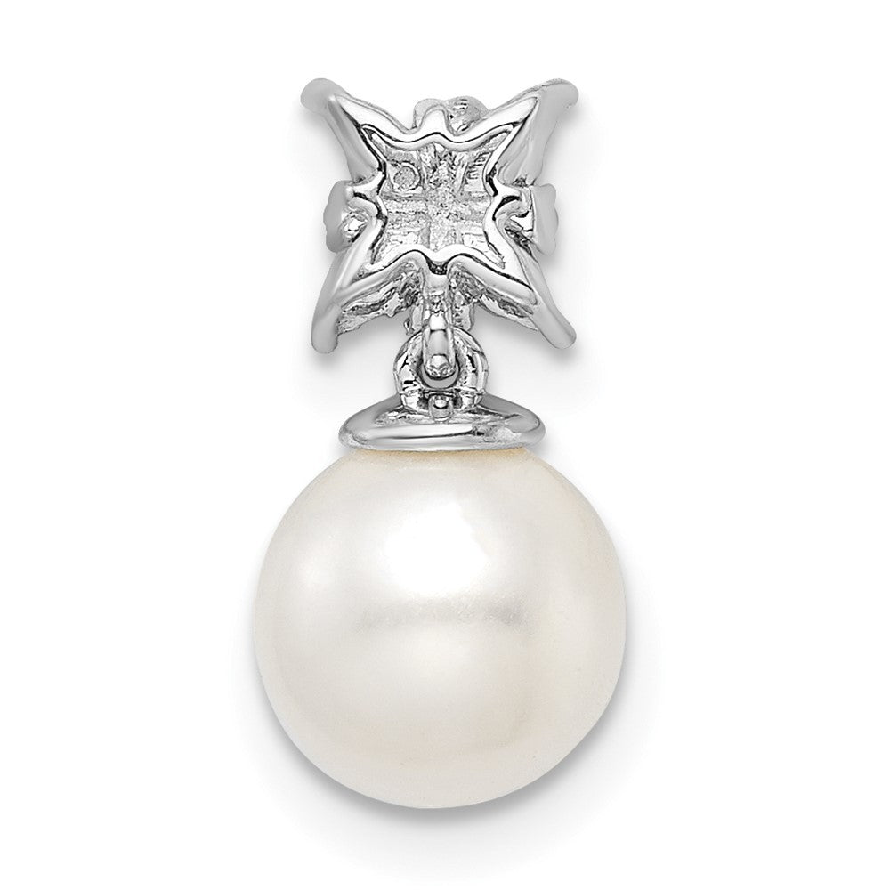 14k White Gold 7-8mm Round White Cultured Pearl and Diamond Chain Slide