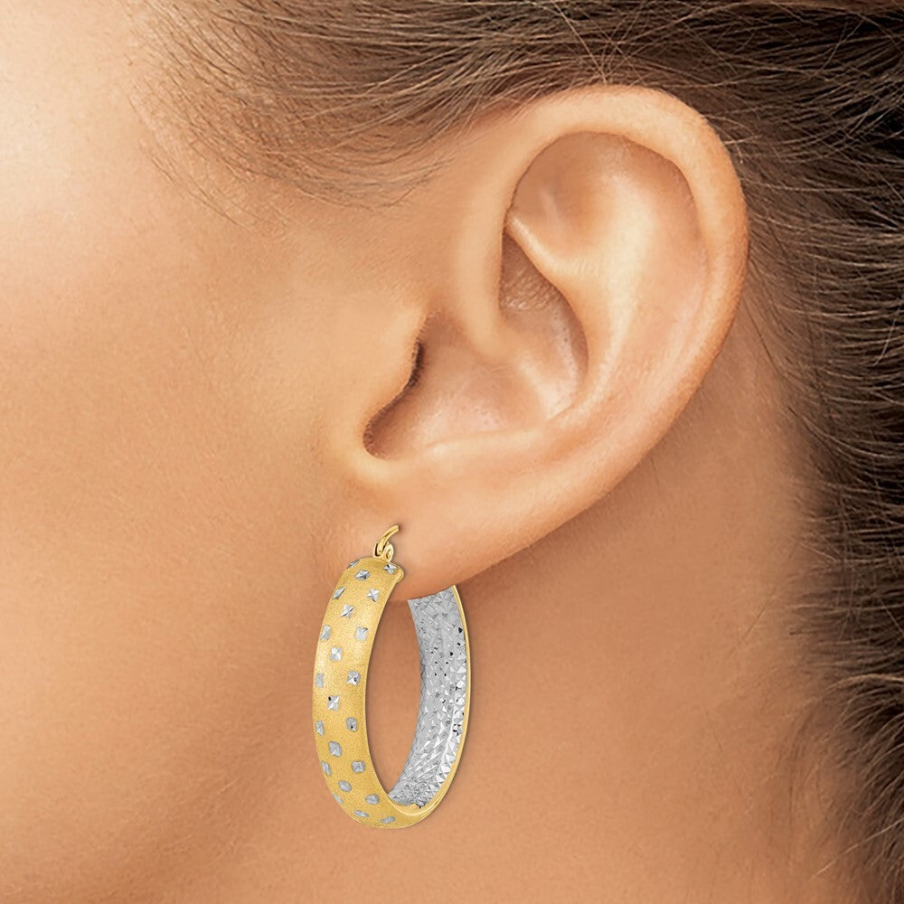 14k Yellow Gold White Rhodium Polished Satin Diamond-cut In/Out Hoop Earrings