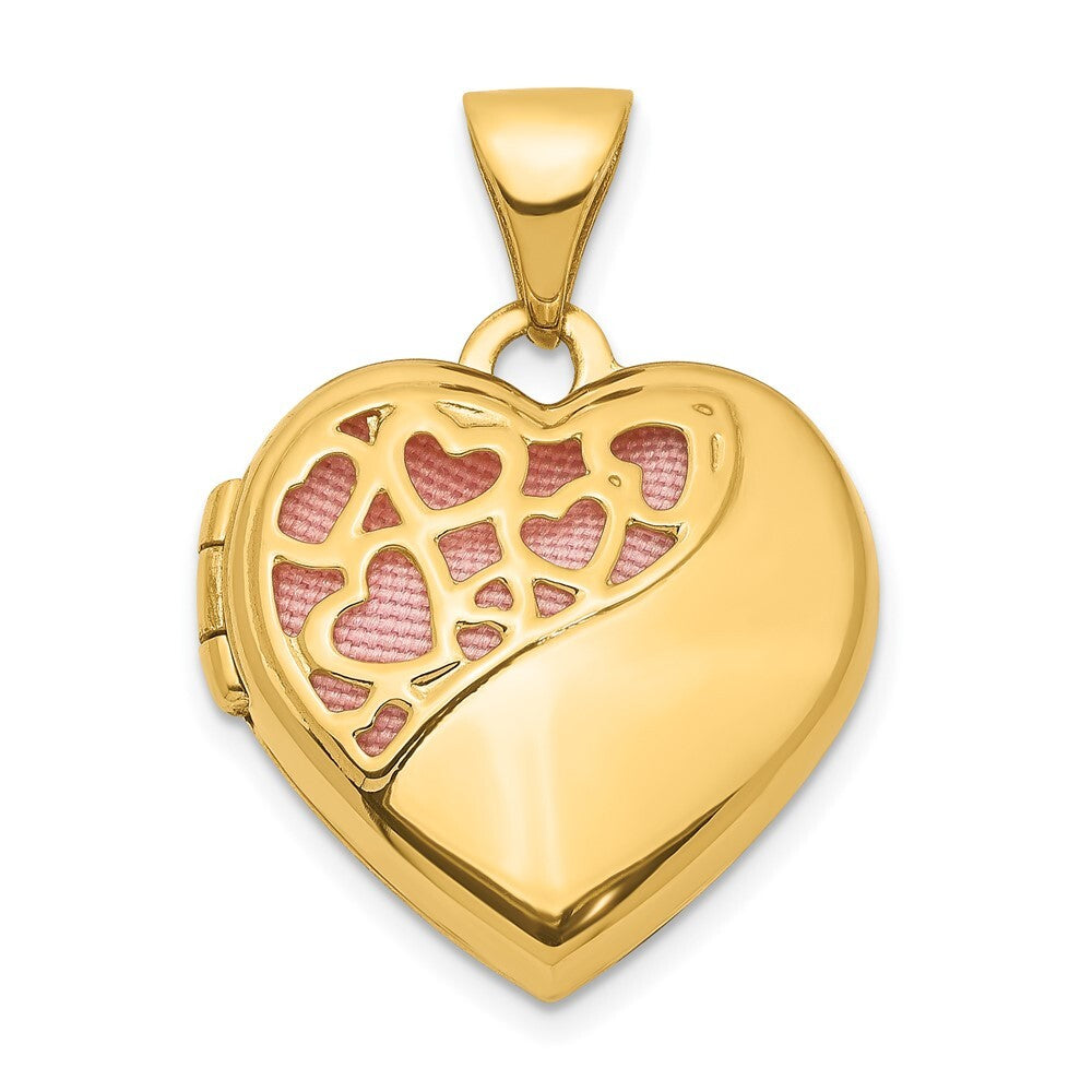 14k Yellow Gold Hearts Cut Out 16mm Pink Fabric Heart Locket Pendant for Women