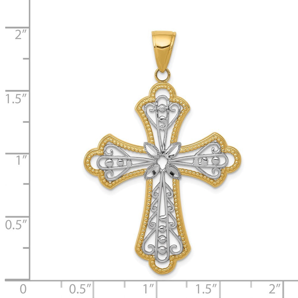 14k Yellow Gold w Rhodium Diamond-cut Filigree Cut-out Cross Pendant