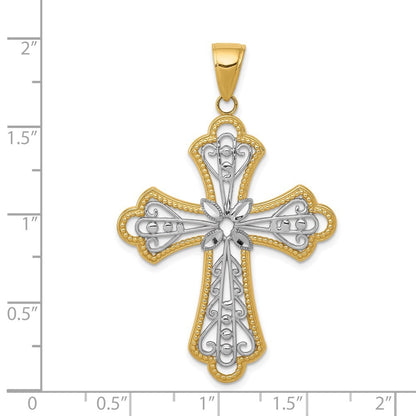 14k Yellow Gold w Rhodium Diamond-cut Filigree Cut-out Cross Pendant