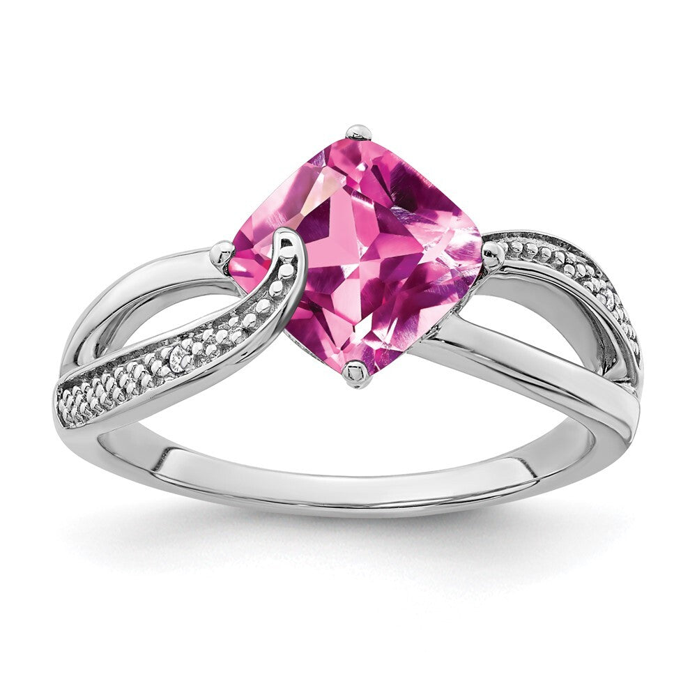 Sterling Silver Rhodium-plated Created Pink Sapphire and Diamond Ring Size 7