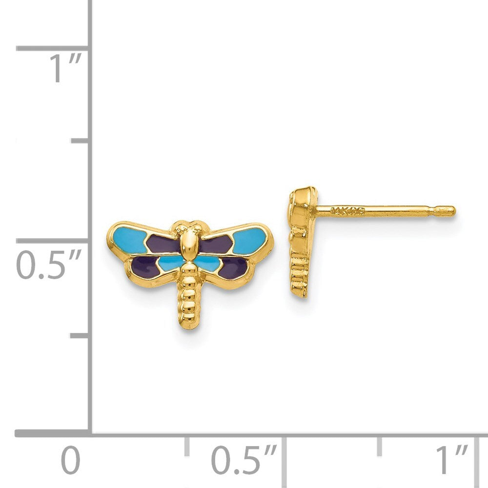 14k Yellow Gold Enameled Dragonfly Stud Earrings Gift for Women