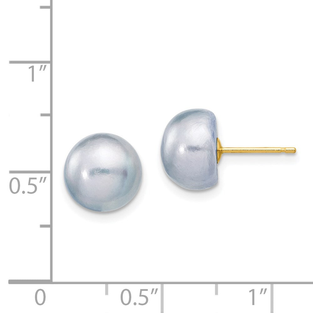 14k Yellow Gold 9-10mm Grey Button Freshwater Cultured Pearl Stud Earrings